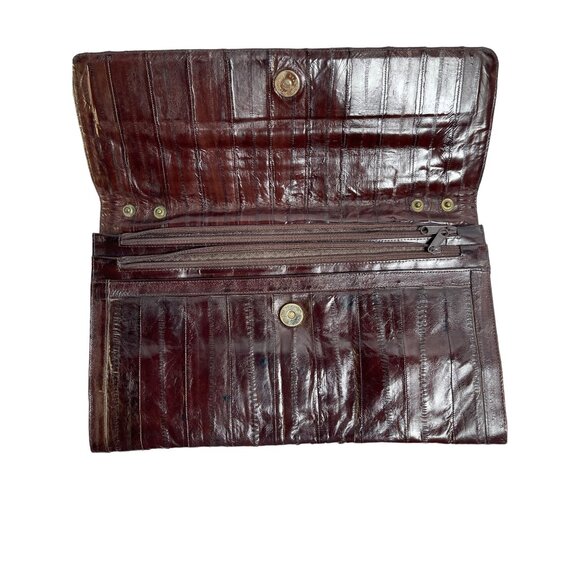 Vtg. 100% Genuine Exotic Eel Skin 3 Sections Handbag Clutch Purse Choc. Brown - Picture 3 of 5